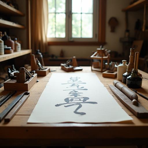 Et bilde av et ryddig verksted med trearbeidsverktøy og kalligrafipenner