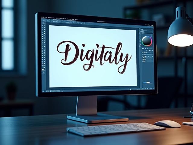 Digital kalligrafifil vist på en tavle-skjerm, klar for trykk