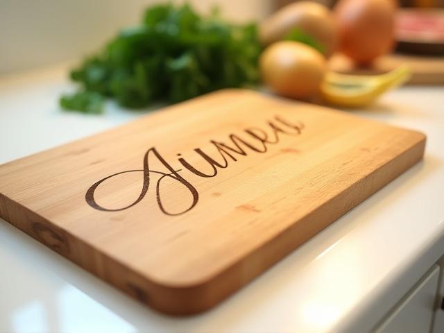 Personlig gravert skjærefjøl med et familiesitatt i kalligrafi