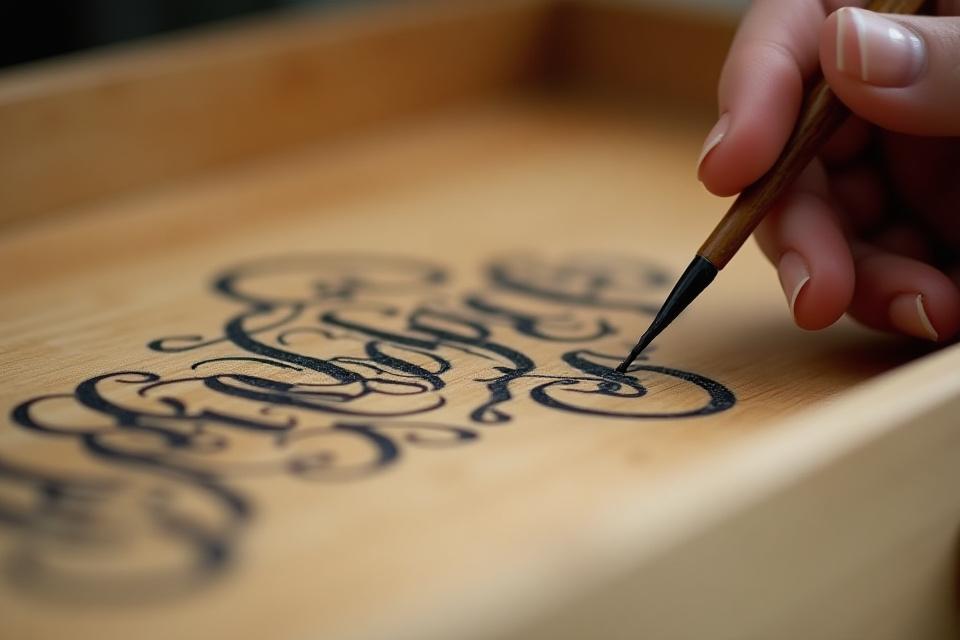 Nærbilde av en kalligraf som delicately maler et design på en treskuff i et kjøkken, med fokus på pensel og blekk.
