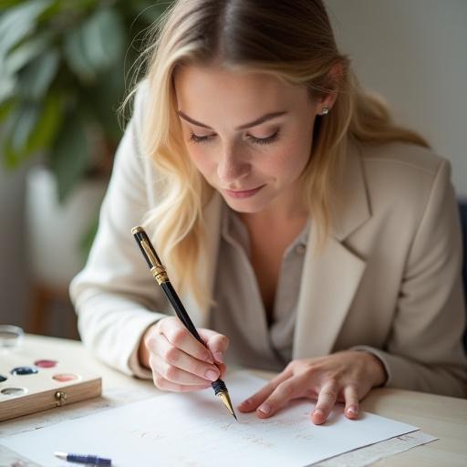Portrett av Ingrid Jensen, en fokusert ung kvinne som holder en kalligrafipenn, med blekk og papir i bakgrunnen.