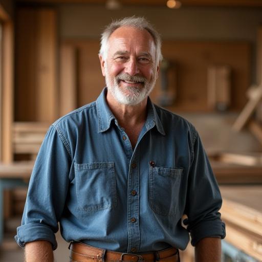 Portrett av Olav Svensson, en smilende middelaldrende mann med en verktøysbeltet, i et treverksted.