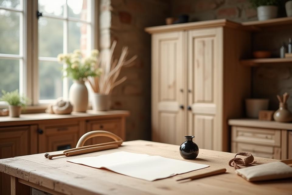Et verksted som elegantly blander tradisjonelt trearbeid med kalligrafiutstyr, med fokus på et uferdig kjøkkenskap og en krukke blekk.